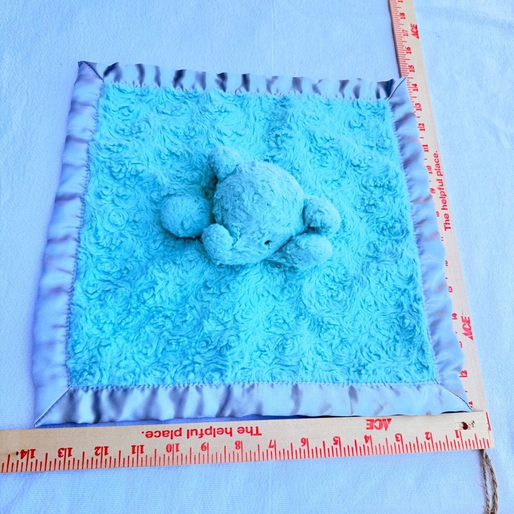 Elephant Baby Security Blanket Lovey Aqua Blue Plush Rosebud Satin Trim 14x14 - Picture 1 of 9